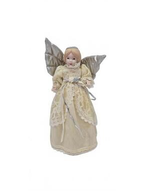 Vintage Porcelain Angel Tree Topper with Lace Dress and Silver Wings